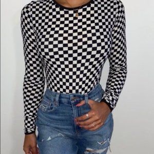 Rue 21 Long Sleeve Black and White Checked Bodysuit Size Medium Back To School